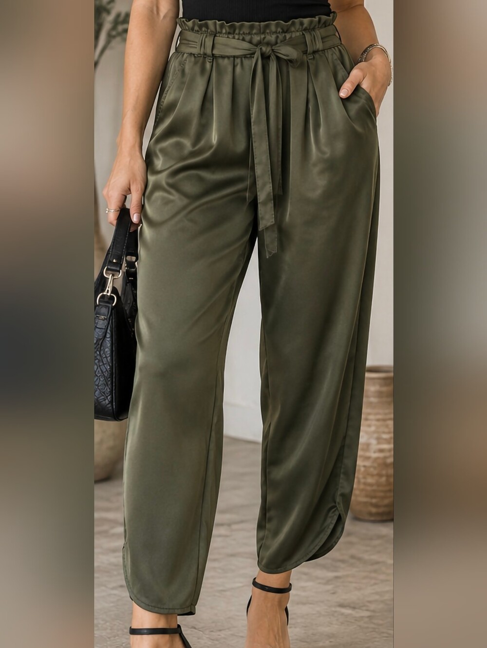 Nanette Nanette Lepore Olive Green Satin Paperbag Waist Tie Pants Size 6